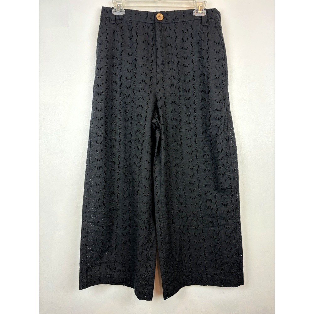 Zara Eyelet Lace Pants Women Large Wide Leg Black Cotton Half Lined Casual Beach